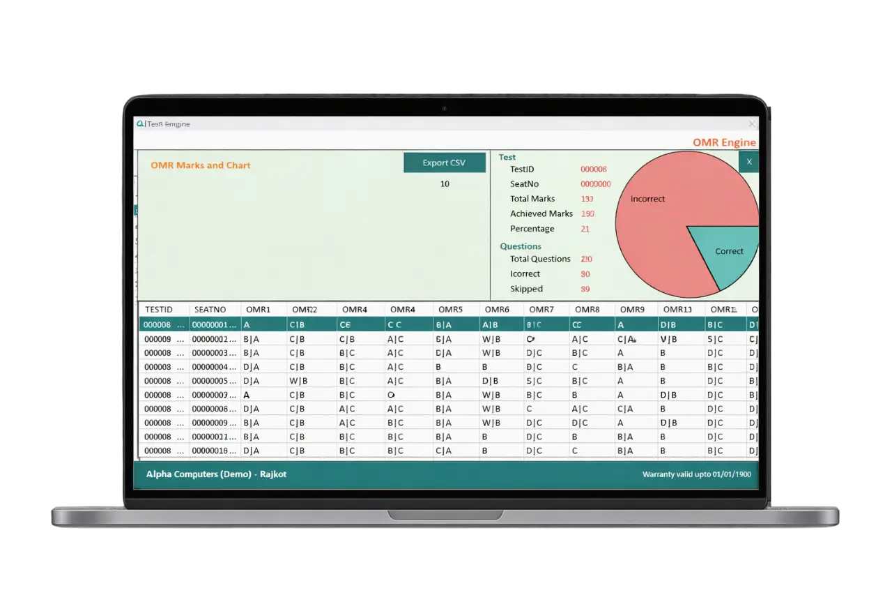 Alpha OMR student data and exam roster management screen